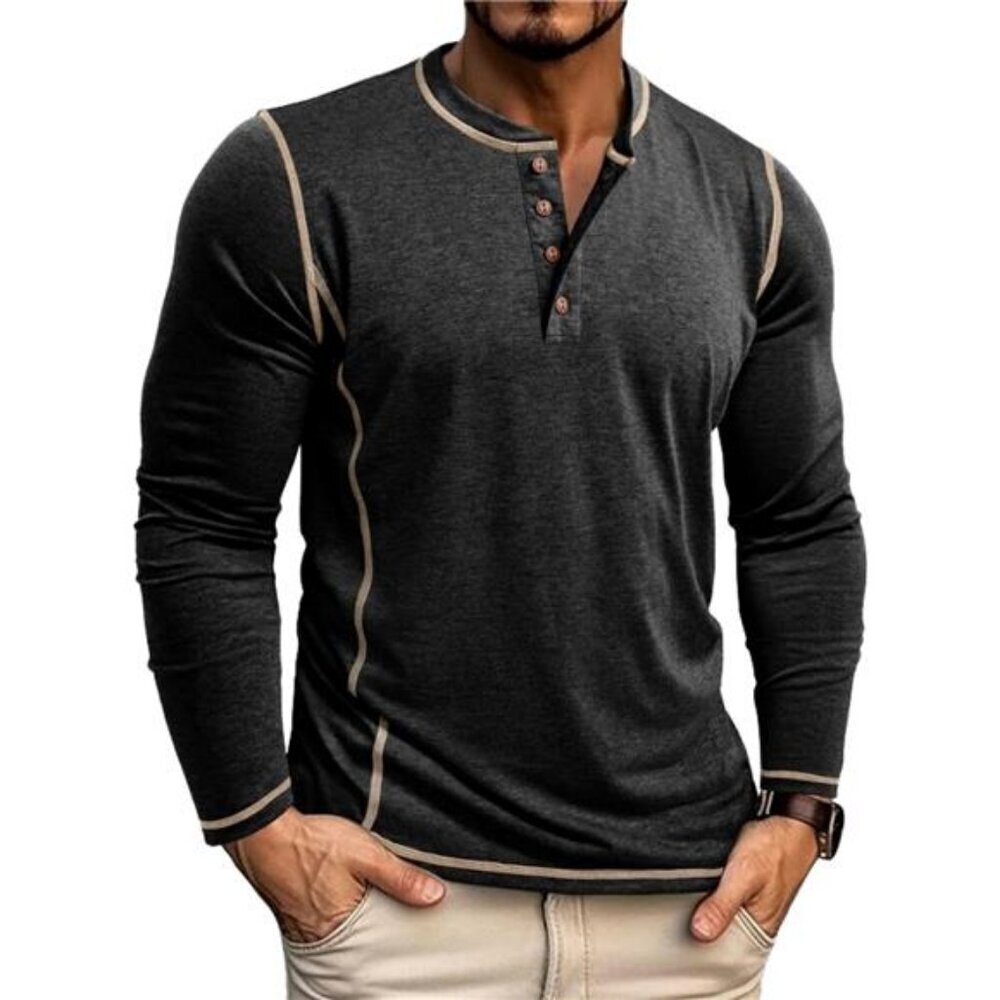 Mens Long Sleeve Henley Shirts Casual Classic Cotton T-Shirts Lightweight